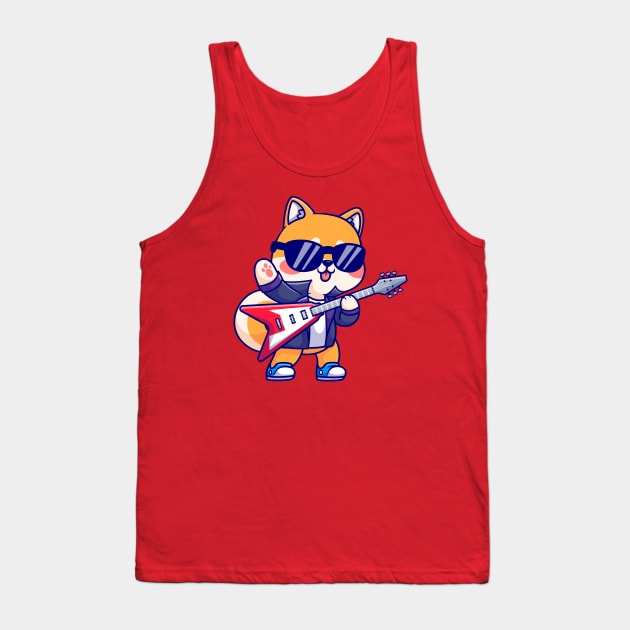 Cute Shiba Inu Playing Electric Guitar Cartoon Tank Top by Catalyst Labs